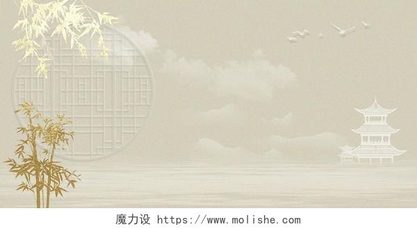 黄色古风纹理竹子云彩亭子纹理中国风展板背景素雅底纹中国风